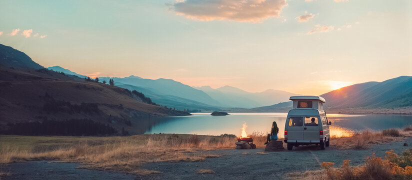 un van de camping gar&eacute; &agrave; c&ocirc;t&eacute; d'un lac, et une femme assise &agrave; c&ocirc;t&eacute; d'un feu de camp