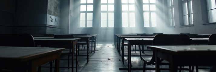Melancholic Campus: Abandoned University Classroom in Dim Fog - obrazy, fototapety, plakaty