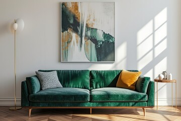 Fototapeta na wymiar Contemporary Green Sofa in Stylish Living Room Interior with Art on Wall