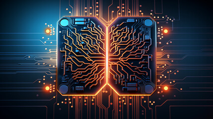 Top view of digital brain circuitry image background. Deep learning close up picture. AI cognitive function closeup photo backdrop. Electronics artificial intelligence concept photography