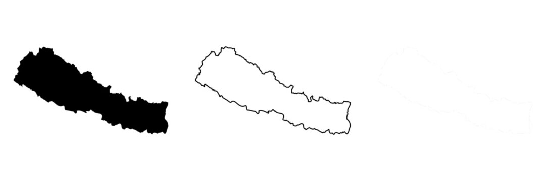 Nepal country silhouette. Set of 3 high detailed maps. Solid black silhouette, thick black outline and thin black outline. Vector illustration isolated on white background.