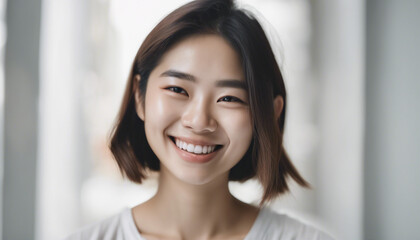 Portrait of an Asian young woman with a happy and sincere smile, isolated white background. copy space for text
