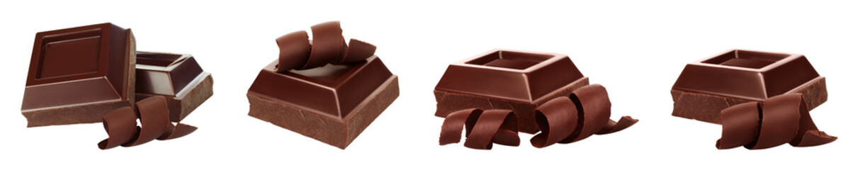 Set of Dark broken chocolate bars, isolated on transparent background