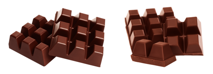 Set of Dark broken chocolate bars, isolated on transparent background