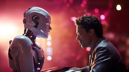Humanoid robot with man in vibrant music bar image background. Guy playing piano, android singing...