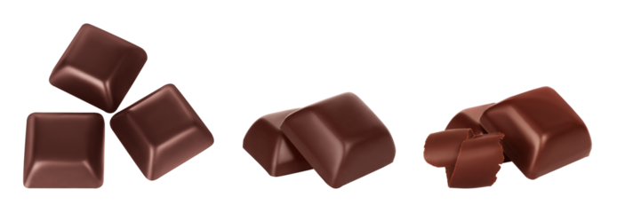 Set of Dark broken chocolate bars, isolated on transparent background