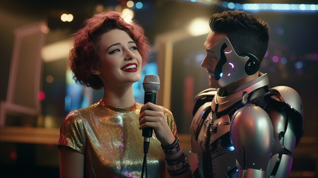 Woman and male robot engage in karaoke performance image background. Technology with recreation picture scene photorealistic. Entertainment artificial intelligence concept photo realistic