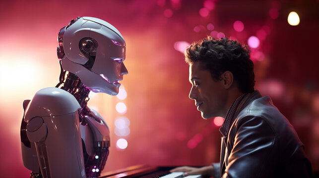 Humanoid robot with man in vibrant music bar image background. Guy playing piano, android singing picture scene photorealistic. Electronics artificial intelligence concept photo realistic