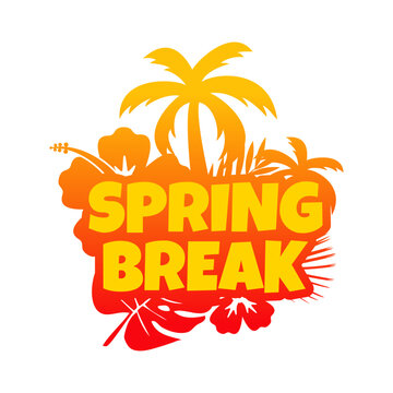 Logo vacaciones de primavera. Mensaje SPRING BREAK con silueta de plantas tropicales