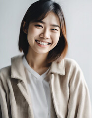 Portrait of an Asian young woman with a happy and sincere smile, isolated white background. copy space for text
