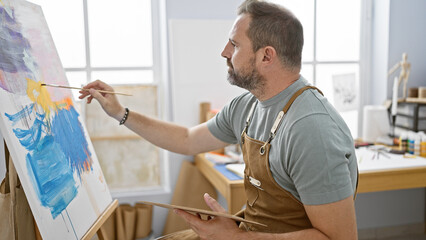 Obraz premium Middle-aged hispanic man with grey hair painting canvas in art studio, depicting creativity and education.
