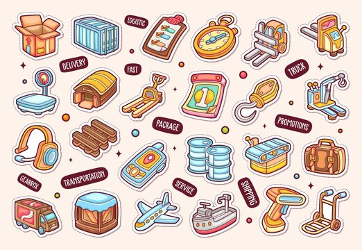 Shipping Delivery Items Sticker Icons Hand Drawn Coloring Vector