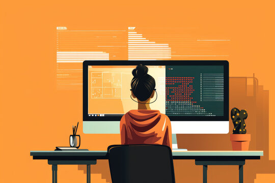 illustration of a silhouette of a female developer, woman working on  computer monitor for data science connectivity, coding, programming, tech, studying with a view in realistic art style  