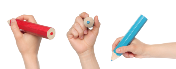Set of Woman hands with big wooden pencil, isolated on transparent background