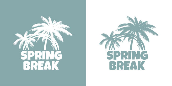 Logo vacaciones de primavera. Mensaje SPRING BREAK con marco circular con l&iacute;neas con silueta de la palma