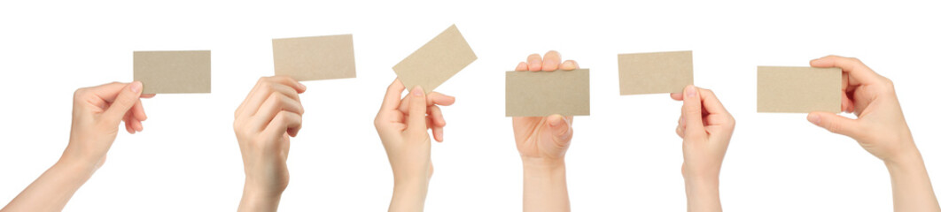Set of Women Hands, which holding gray blank business card, isolated on transparent background