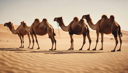 body view of camel herd at desert, side view
