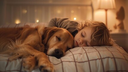 Small child lies in bed with a dog, sleeps, reads a book. Family member animal concept. Taking care of pets. Advertising background. - 739886917