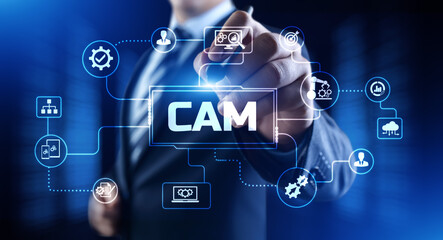 CAM Computer-aided manufacturing software system. Businessman pressing button on screen.