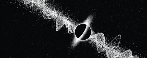 Black hole with disc of plasma and  ray burst. Supermassive singularity in core off a galaxy, with noise texture . Event horizon .Vector illustration