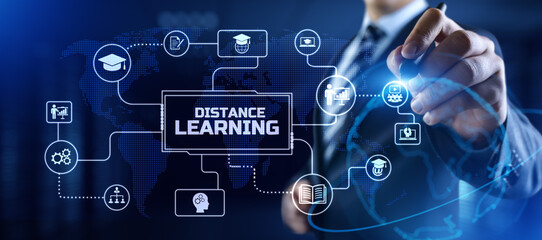 Distance education remote learning e-learning. Businessman pressing button on screen.