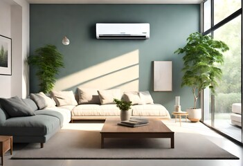 Energy efficient air conditioner with fresh natural in a modern living room. Generative AI