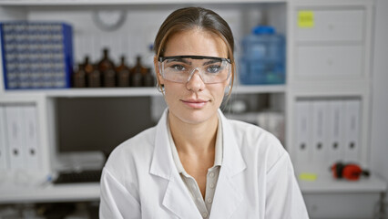 Portrait of a serious faced, young and beautiful hispanic woman scientist, donning security...