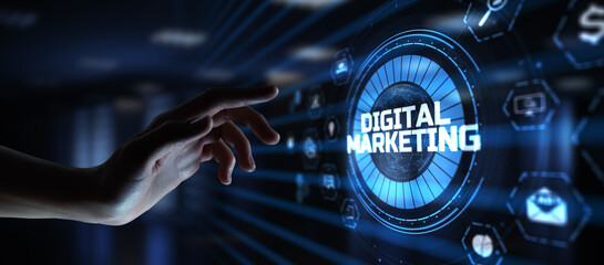 DIgital marketing online internet SEO SEM SMM. Hand pressing button on screen.