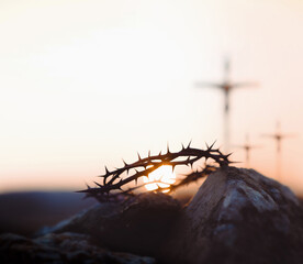 Calvary, Golgotha Hill, Jesus Christ's cross and crown of thorns, Jesus' passion and great trials...