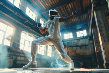 A determined man in vr goggles and boxing gloves fights his way through a virtual building, dressed for battle with a sword at his side - 739888331