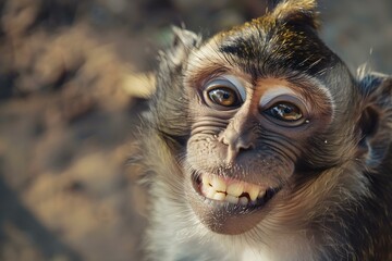 Closeup of a smiling monkey with large teeth and expressive eyes. Concept Wildlife Photography, Animal Portraits, Primate Conservation, Nature Closeups