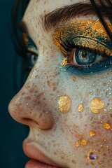 Close-Up of Woman's Face with Gold Ornament Makeup