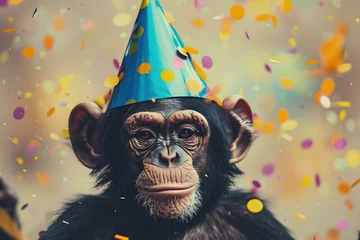 Fototapete Rund Festive monkey in party hat with confetti celebrating lively occasion. Concept Festive Theme, Monkey Character, Party Hat, Confetti, Lively Celebration © Anastasiia