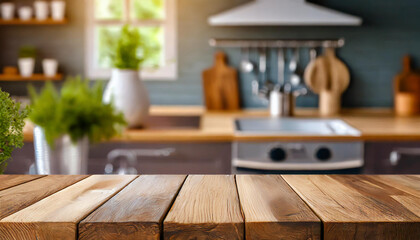 
Wooden table on blurred kitchen bench background. Empty wooden table and blurred kitchen background
