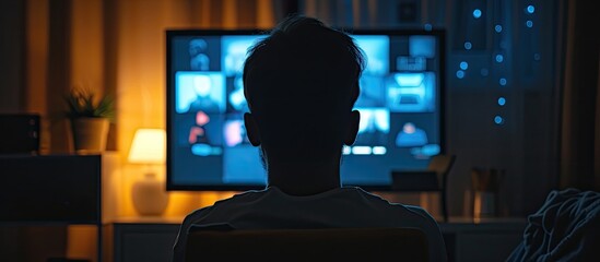 A man engages in illicit activities on a computer in a dimly lit room as he observes the screen of a flat screen TV.
