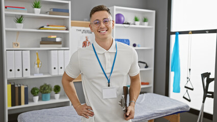 A confident young man wearing glasses and a polo shirt, with a lanyard and clipboard, smiles in a...