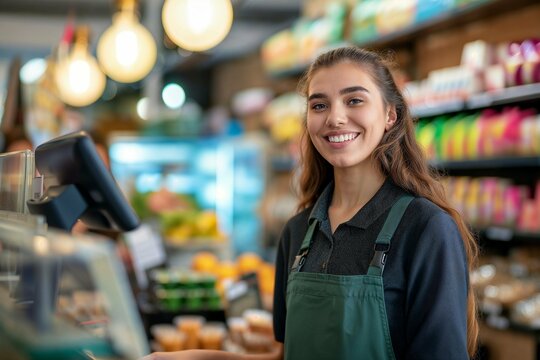 A cheerful young saleswoman stands ready to serve customers, embodying excellent customer service