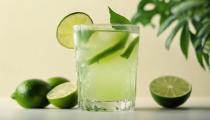 cold lime drink with lime and sliced lime, isolated light background with decorative leaves, copy space for text
