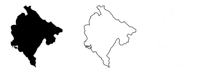 Montenegro country silhouette. Set of 3 high detailed maps. Solid black silhouette, thick black outline and thin black outline. Vector illustration isolated on white background.