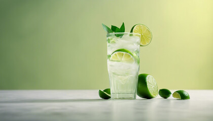 cold lime drink with lime and sliced lime, isolated light background with decorative leaves, copy space for text
