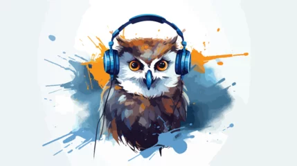 Fototapete Rund owl bird animal in headphone singing and hear music © Vector