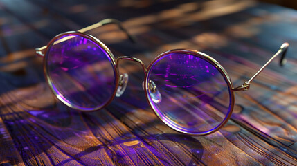 Amethyst purple, translucent ladies' glasses, exquisitely thin, displayed on an antique wooden table. The soft evening light casts a gentle glow. Ultra high details, 32K.