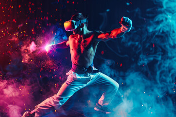 Obraz na płótnie Canvas A mesmerizing blend of technology and movement as a man immersed in virtual reality battles against wispy tendrils of smoke at an electrifying concert performance