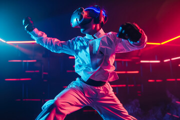 A performer wearing virtual reality equipment and boxing gloves dances to the beat of music,...