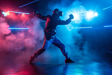 A masked man wielding a shining sword brings a dynamic energy to the stage, blending dance and music into a mesmerizing performance at the concert