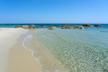 Sant'Elmo beach in Costa Rei, crystal clear water and white sand, Sant'Elmo bay, Castiadas, Muravera, Sardinia, Italy