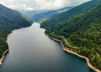 Aerial of a reservoir in the Carpathians