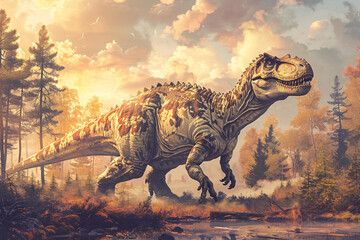 Tyrannosaurus Rex roaring in a forest landscape at sunset