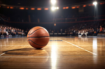 Naklejka premium A basketball sits on the court in a dark arena with a bokeh effect