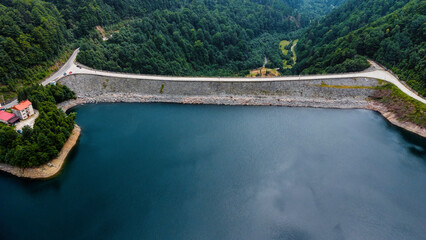 Aerial view of a dam, in the Carpathian Mountains